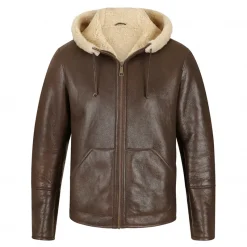 Brown Hooded Shearling Mens Leather Jacket