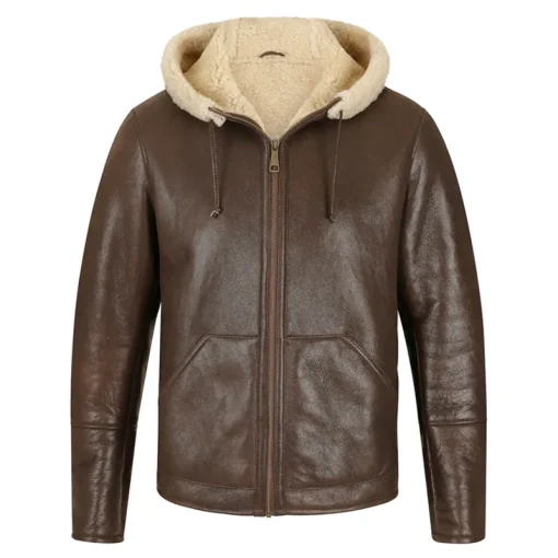 Brown Hooded Shearling Mens Leather Jacket
