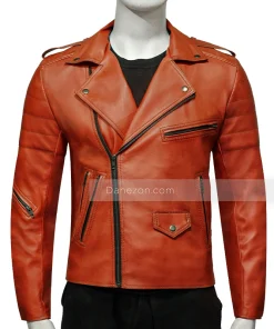 Mens Orange Motorcycle Leather Jacket