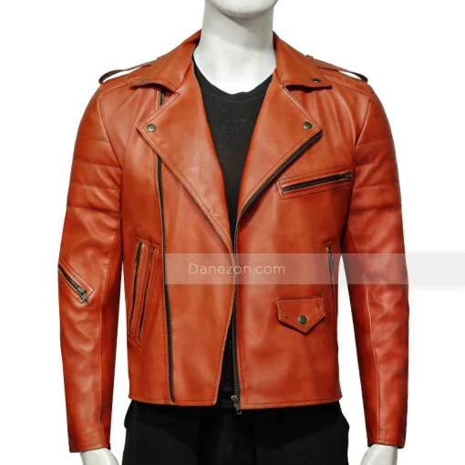 Men Orange Motorcycle Leather Jacket