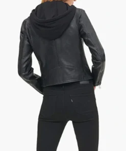 Women Black Biker Hooded Leather Jacket