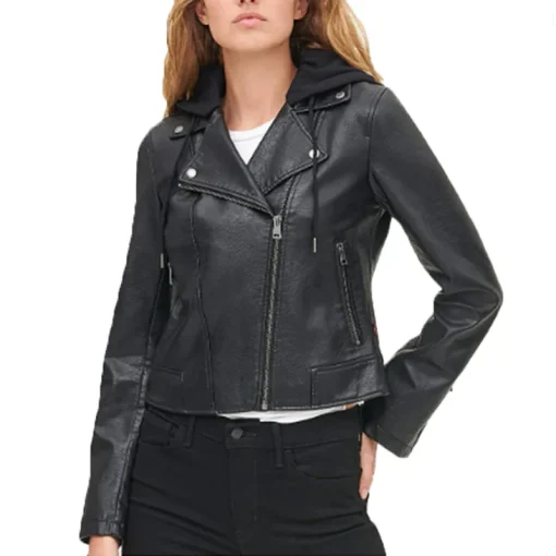 Womens Black Biker Hooded Leather Jacket