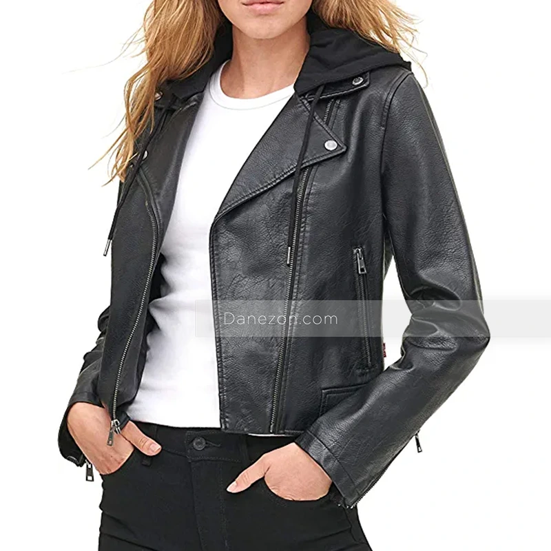 Women's Black Leather Motorcycle Jacket with Hood