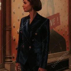 Lily Collins Blue Velvet Coat