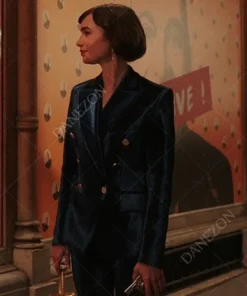 Lily Collins Blue Velvet Coat