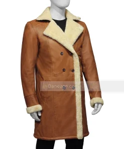 brown leather shearling coat 3/4 length