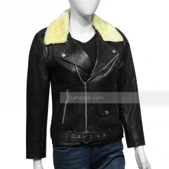 Shearling Collar Black Leather Jacket Womens