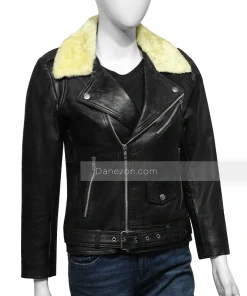 Shearling Collar Black Leather Jacket Womens