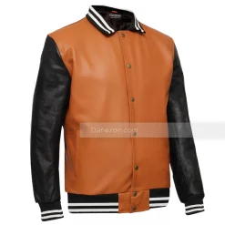 Brown varsity jacket with leather sleeves