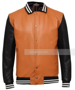 Brown varsity jacket with black leather sleeves