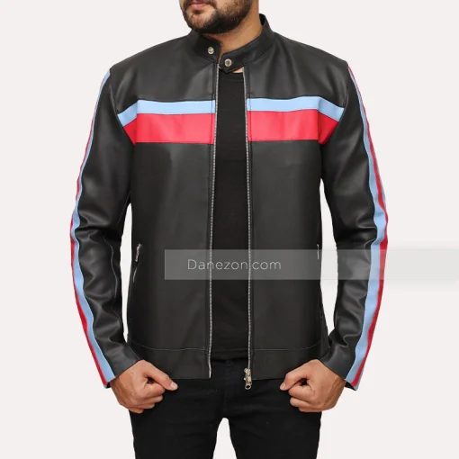 Mens Black Leather Jacket with Striped