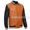 brown and black varsity jacket leather sleeves