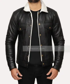 Black trucker leather mens shearling jacket