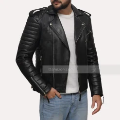 Quilted black biker mens leather jacket