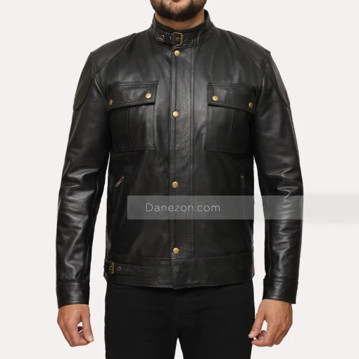 mens black leather jacket with two pocket