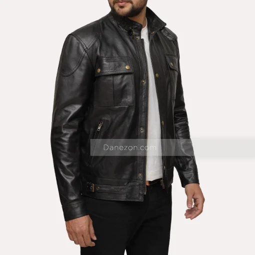 Two pocket black mens leather jacket