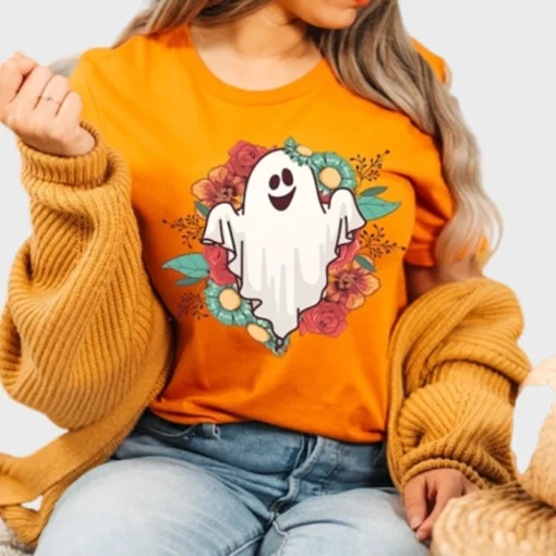 Halloween Floral ghost Orange T-Shirt