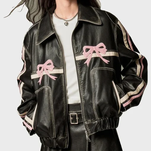 Diddi Moda Bow Black Leather Jacket For Women