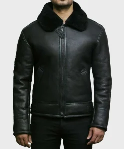 Black Shearling Leather Jacket For Mens