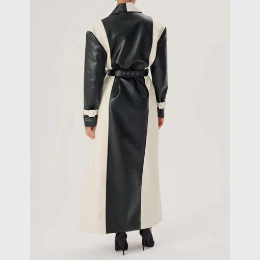 Black And White Color Blocked Leather Trench Coat