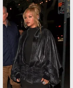 Oversized Rihanna Black Leather Cape Jacket For Sale