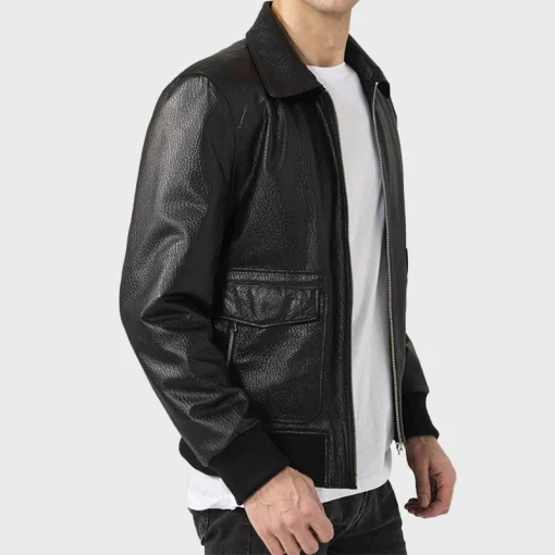 Shirt Style Mens Black Leather Bomber Jacket