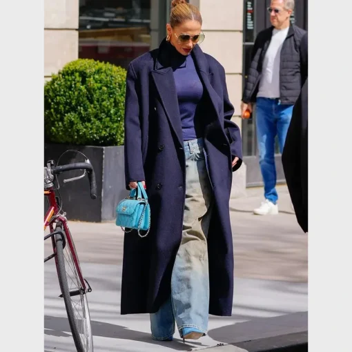 Jennifer Lopez Oversized Navy Blue Trench Coat
