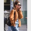 Katie Holmes Mango Suede Leather Brown Bomber Jacket