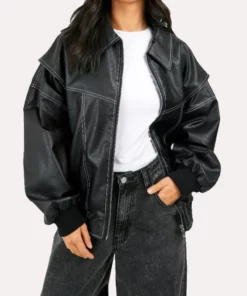 Oversized Petite Pu Contrast Stitch Bomber Leather Jacket