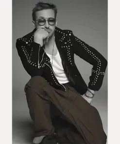 Ryan Gosling SNL Studded Suede Leather Jacket Black