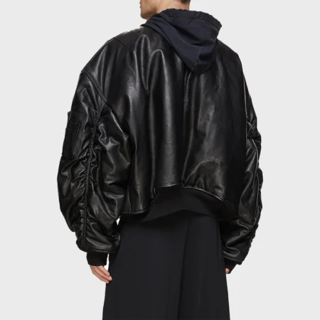 Mens Hooded Leather Oversized Black Bomber Jacket - Danezon