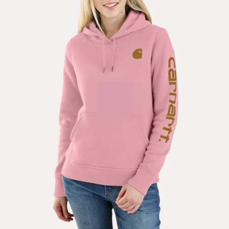 Trendy Carhartt Sleeve Logo Midweight Pink Pullover Hoodie