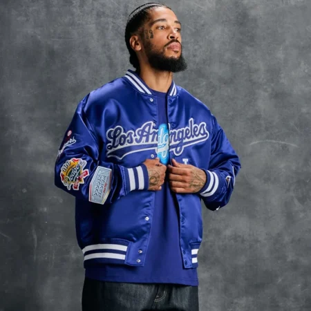 OVO x New Era x MLB Dodgers Satin Blue Varsity Jacket