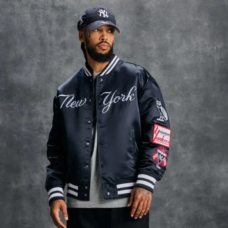 OVO x New Era x MLB Yankees Navy Blue Satin Varsity Jacket