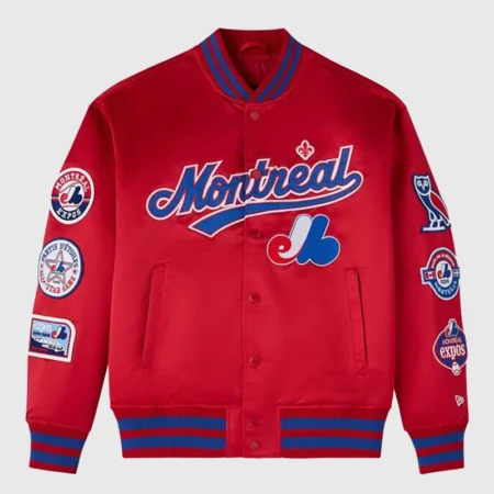 OVO x New Era x MLB Montreal Expos Red Satin Varsity Jacket