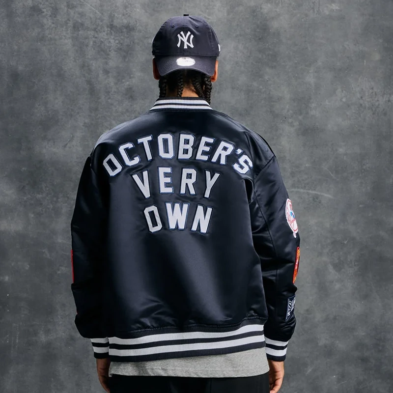 OVO x New Era x MLB Yankees Navy Blue Satin Varsity Jacket